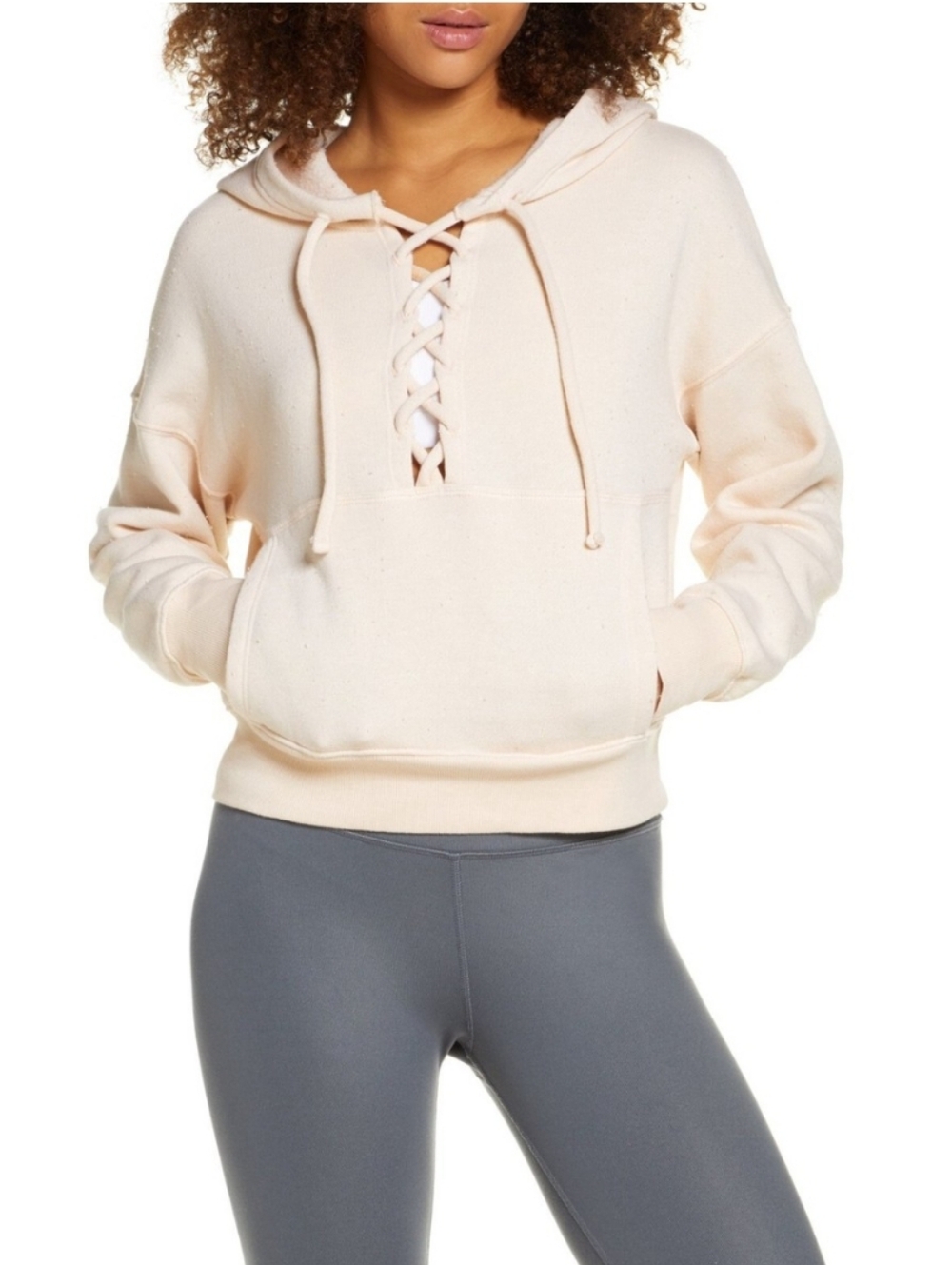 Free People FP Movement Believe It Lace Up Hoodie Pullover Peachy Cream